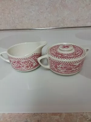 Vintage Royal (USA) Ironstone Memory Lane Covered Sugar Bowl & Creamer Pink Red • $15