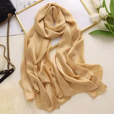 Women Silk Scarf Feeling Chiffon Scarves Oversize Plain Foulard Pashmina Shawl • £30.41