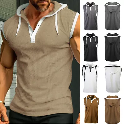 Mens Hoodies Sport Vest Muscle T-Shirts Sleeveless Hooded Tank Top Workout Shirt • £7.19