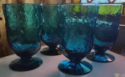 4) Morgantown CRINKLE Ice PEACOCK BLUE Glass Water Goblet 5 Glasses RARE VG Read • $79.99