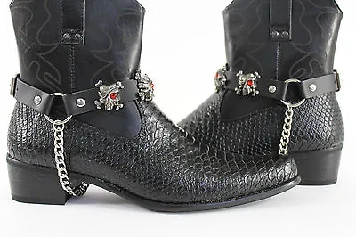 Men Western Boots Bracelets Silver Chain Black Pair Leather Strap Pirates Skulls • $31.99