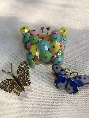 3 Vintage Butterfly Brooch Pin Flowers Enamel Gold Tone Blue Multicolor Estate • $20