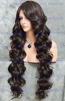 Extra Long Full Curly Heat OK Lace Front Human Hair Blend Wig Dark Brown EVEZ 4 • $92.85
