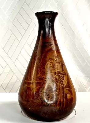 Vintage British Frosted Brown Glass Etched W/ Friar Scene Bud Vase 7 In. Tall • $7.99