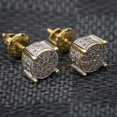 14k Gold Plated Mens Round Cz Small Iced Hip Hop Screw On Back Stud Earrings • $14.99