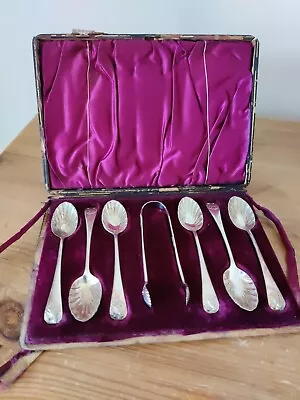 James Dixon & Sons Silver Plate Set Of Six Antique Tea Spoons And Sugar Tongs • £18