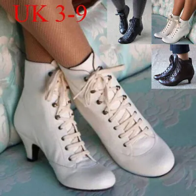 Women Low Kitten Heel Ankle Boots Ladies Victorian Retro Lace Up Shoes Size 3-9 • £17.59