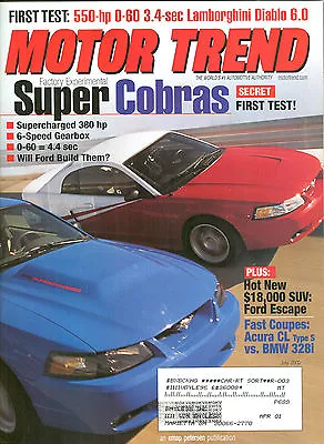 Motor Trend - July 2000 Mustang Super Cobra - Lamborghini Diablo - BMW 328i • $4.99