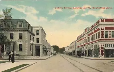 C1910 Fourth Street Downtown Tracks People Manhattan KS P405 • $7.99