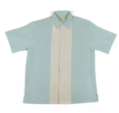 Royal Palm Bowling Shirt Mens Size Large Short Sleeve Button Up Aqua Green Beige • $19.99