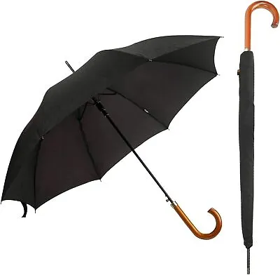 Dua Classic Gents Auto Walking Length Umbrella With Wood Handle - Black • £31.26