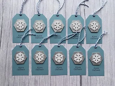 Handmade Christmas Gift Tags - White Wooden Snowflake On Blue Tags Xmas Set 10 • £3.75