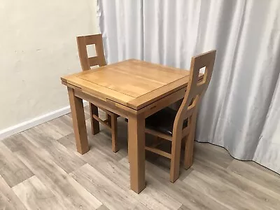 Oak Furniture Land 100% Solid Oak Dining Table & 2 Chairs Leather Seat Stunning! • £485