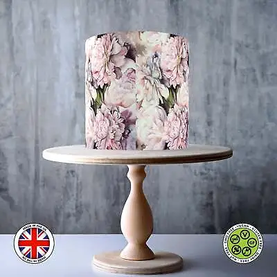 White Peony Flowers Wrap Around Edible Cake Topper ICING / WAFER • £7.79