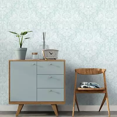 Harlen Woodland Damask World Of Wallpaper Pale Blue WOW047 Animals Floral Trails • £16.99