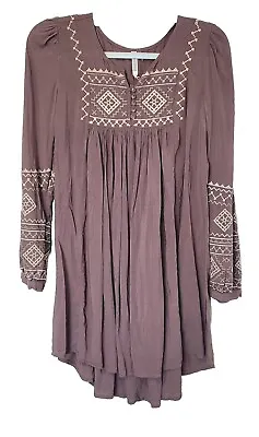 Monoreno Dress Small Embroidered Boho Long Sleeve Aztec Brown Taupe • $15.29