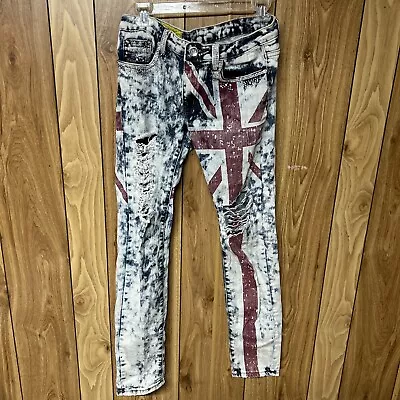 MACHINE Union Jack Flag Distressed Denim JEANS Rhinestone Bling Unisex Jeans  31 • £24.66