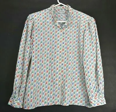 Personal Women Size 14 Long Sleeve Mandarin Collar Blouse Shirt Ivory Blue Red • $3.36