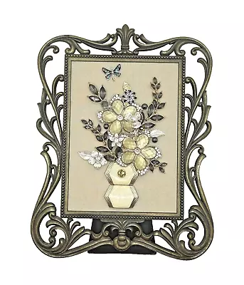 Vintage Jewelry Art FLOWERS In VASE Bronze Tone Metal Frame OOAK 10  X 7 3/4  • $39.95