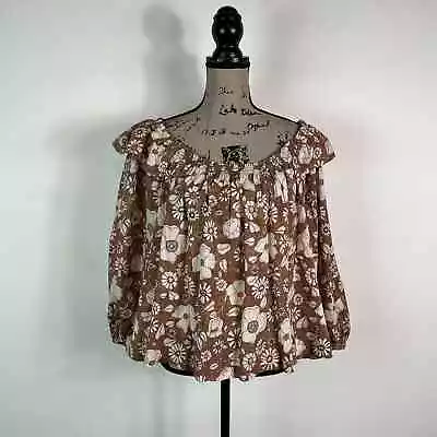 Free People NWOT Tan Miss Daisy Vintage Printed Ruffle Top Size L • $69