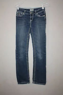 LA Idol Sz 14 (26x29) Med Wash Distressed Straight Jeans Bling Flap Pockets • $24.99