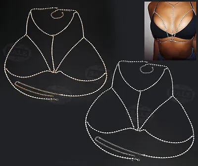 Ladies Gypsy Top Harness Rhinestone Body Chest Belly Chain Necklace Gold/Silver • £4.79