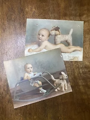Vintage Baby Portrait Photos 1940s  Hand Coloring Stuffed Dog Rocking Chair • $7