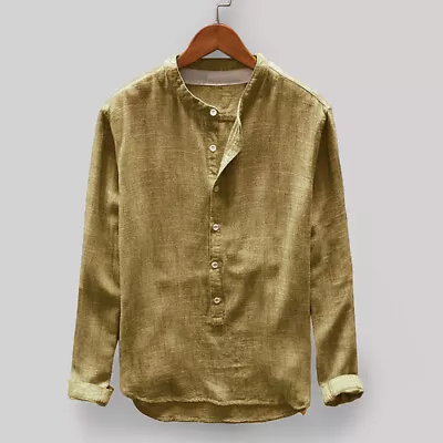 Mens Long Sleeve Collarless Plain Henley Tops Casual Formal Button Up Shirt • $22.43
