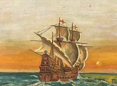 Oil Painting On Canvas Of Galleon Ship - F. Cable 1910 • £125