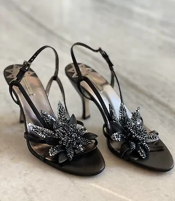 Max Studio Black/Silver Flower Detail Open Toe Sandals/Heels  6M • $29