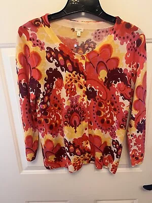 J. Crew Size Large 100% Merino Wool Cardigan Sweater Floral Pink Yellow Paisley • $16.19