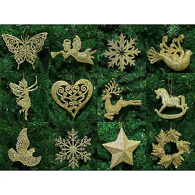 Gold Christmas Tree Pendant Baubles Fairy Snowflake Santa Decorations Ornaments • £3.99