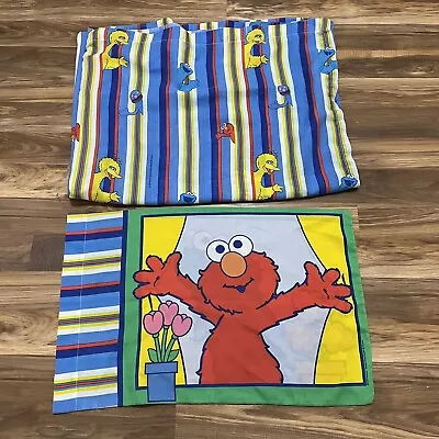 Vintage 2000 Sesame Street Twin Flat Sheet Pillowcase Elmo Cookie Monster Y2K • $19.99