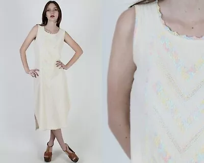 Vintage Pastel Embroidered Dress Mexican Crochet Woven Ivory Caftan Midi Mini  • $47