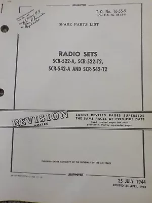 Technical Orders Spare Parts List Radio Sets SCR-522-A -T2 Aircraft Manuals Army • $9.99