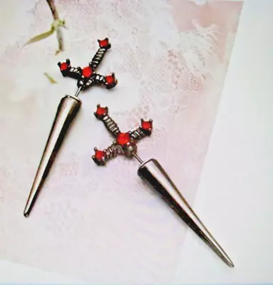 Gothic Punk Dagger Sword Earrings Gun Metal Tone W/ Red Rhinestones • $5.99