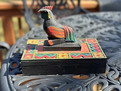 Vintage Mexican Box With Lid Rooster Hand Painted Colorful Art Work Display Wood • $5
