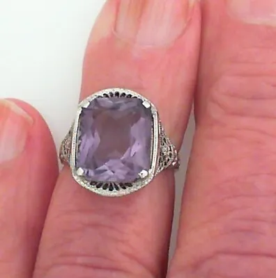 Vintage 14KT White Gold Amethyst And Filigree Ladies Ring Size 5 • $175