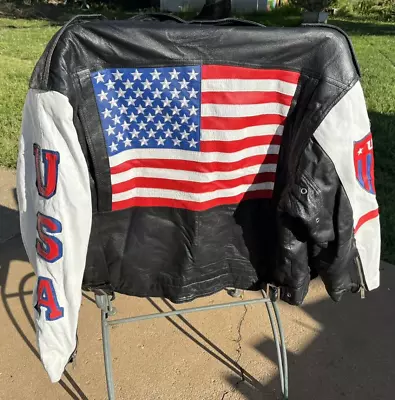 Vintage Michael Hoban S USA WhereMI American Flag Leather Jacket BIKER COAT  • $50