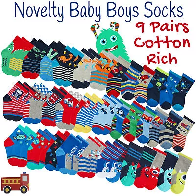 9 Pair Newborn Baby Boys Cotton Rich Socks Bundle Novelty Cars Space Dinosaur UK • £7.99