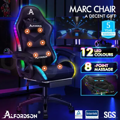 $209.95 • Buy ALFORDSON Gaming Office Chair 12 RGB LED Massage Computer Seat Footrest Black