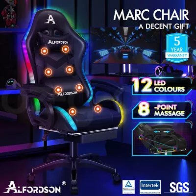 ALFORDSON Gaming Office Chair 12 RGB LED Massage Computer Seat Footrest Black • $179.95