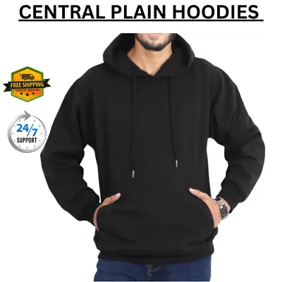 Mens Plain Hooded Sweatshirt Central Women Soft Heavyweight Hoodie Top Unisex UK • £7.45