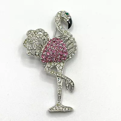 Vintage FLAMINGO Pink Pave Rhinestones Enamel BROOCH Pin Silvertone 3  • $9.99