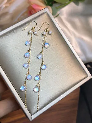 Solid 14K Yellow Gold & Natural Rainbow Moonstone Drop Tassel Dangle Earrings • $169.98