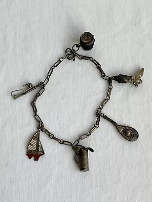 Antique Vintage Charm Bracelet Fly Fishing Tennis Racket Sail Boat Golf SEAGRAMS • $15