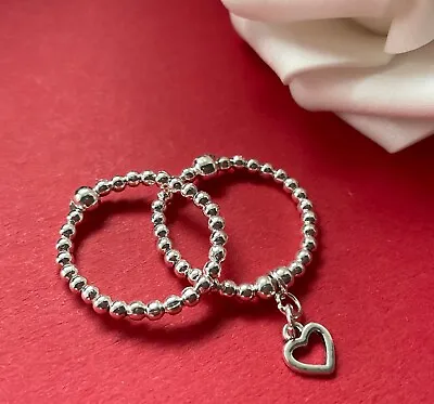 Tibetan Silver Open Heart Charm & Bead Stretch Stacking Thumb Ring Set Of 2 • £3.50