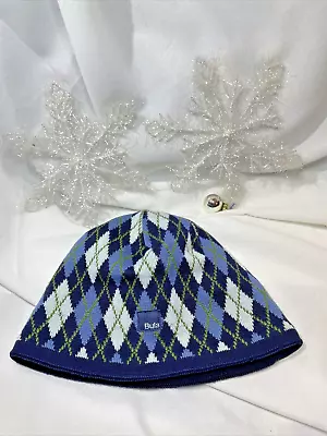 BULA Knit Beanie Blue White Green Argyle Winter Hat Wool Blend Polartec • $10