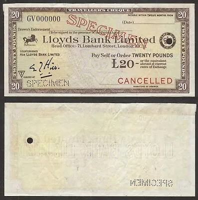 UK - Lloyds Bank LTD - 20 Pounds - Travellers Cheque - SPECIMEN • $8.99