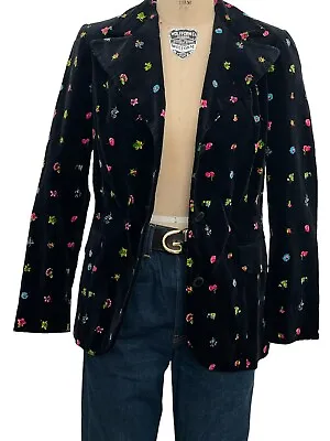 Vtg Mr Dino Black Velvet Floral Blazer Point Collar Disco Mod 1960s Rare Sz 10 • $125